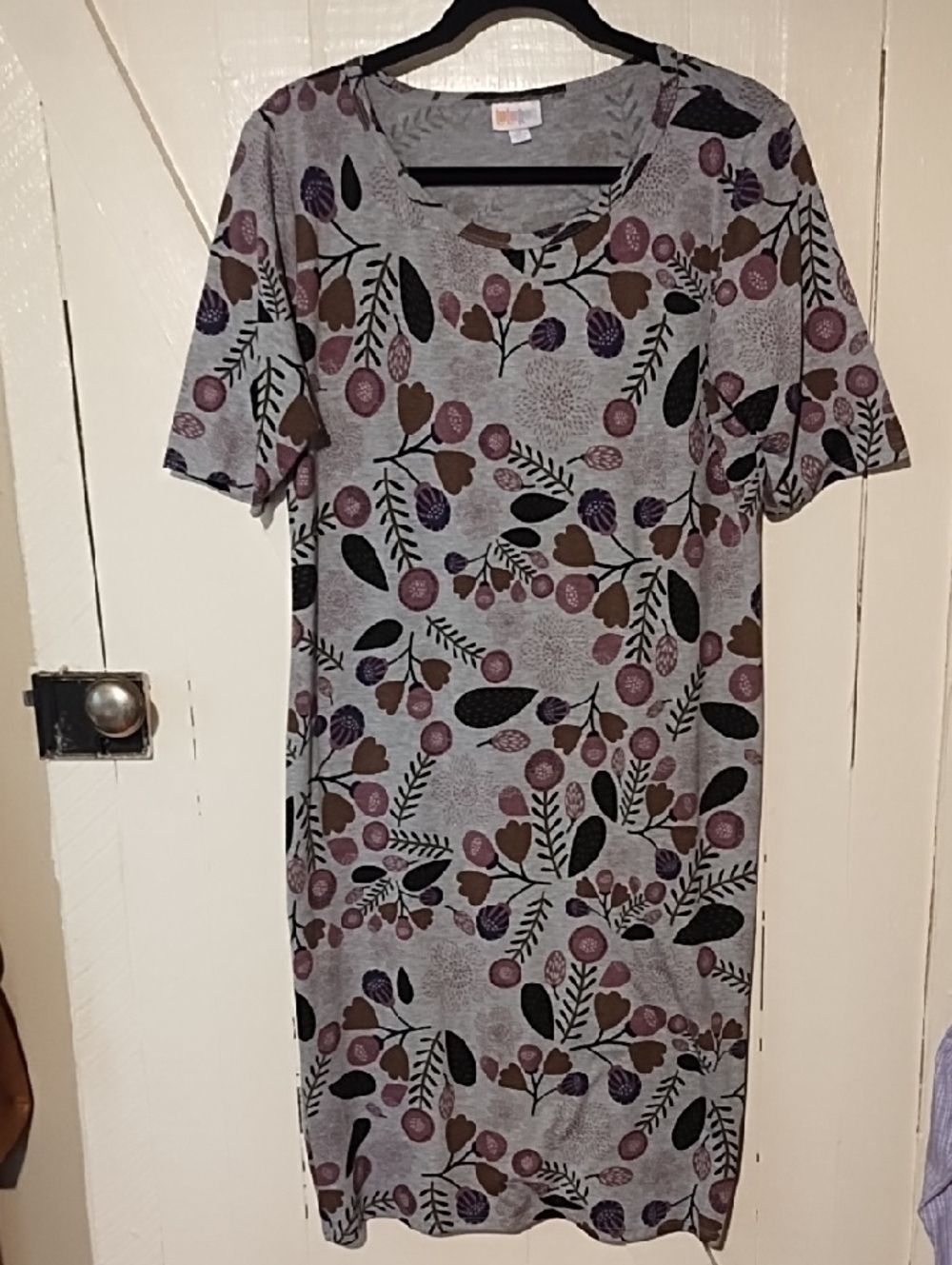 LuLaRoe Gray Floral Midi Dress with Purple and Brown Accents XL EUC.